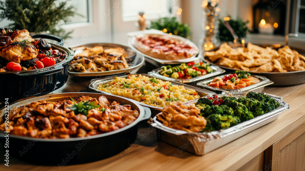 A selection of dishes arranged on the table, ready for family and friends’ gatherings on New Year's Eve. Various food preparation ideas for festive parties during the holiday season. A selection of dishes arranged on the table, ready for family and friends’ gatherings on New Year's Eve. Various food preparation ideas for festive parties during the holiday season.