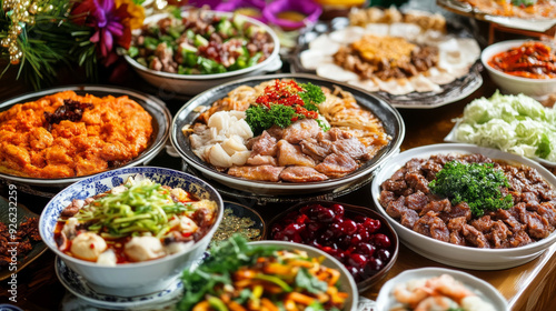 A selection of dishes arranged on the table, ready for family and friends’ gatherings on New Year's Eve. Various food preparation ideas for festive parties during the holiday season.