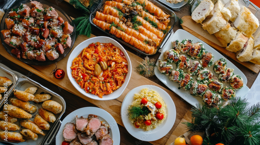 A selection of dishes arranged on the table, ready for family and friends’ gatherings on New Year's Eve. Various food preparation ideas for festive parties during the holiday season. A selection of dishes arranged on the table, ready for family and friends’ gatherings on New Year's Eve. Various food preparation ideas for festive parties during the holiday season.