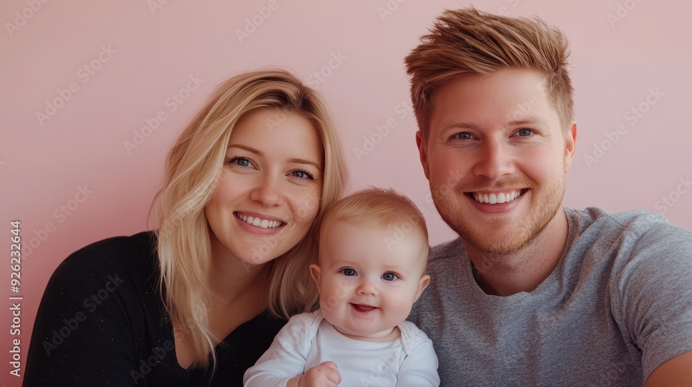 A joyful couple poses with their smiling baby against a soft pink background A joyful couple poses with their smiling baby against a soft pink background