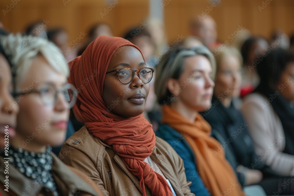 A group of people are sitting in a room, one woman is wearing an orange hijab and glasses A group of people are sitting in a room, one woman is wearing an orange hijab and glasses