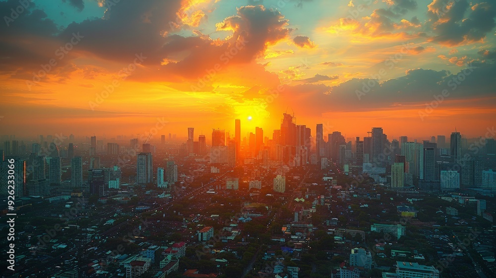Fototapeta premium City Sunset: A stunning sunset view over a city skyline, with the buildings bathed in golden light and the sky painted in hues of orange and pink. 