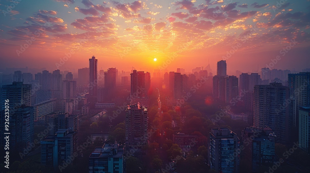 Fototapeta premium City Sunset: A stunning sunset view over a city skyline, with the buildings bathed in golden light and the sky painted in hues of orange and pink.