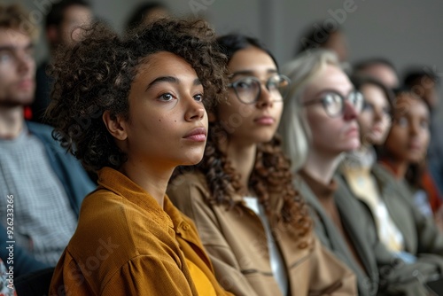 A group of people are sitting in a room, one woman is looking at the camera. Scene is one of anticipation or curiosity