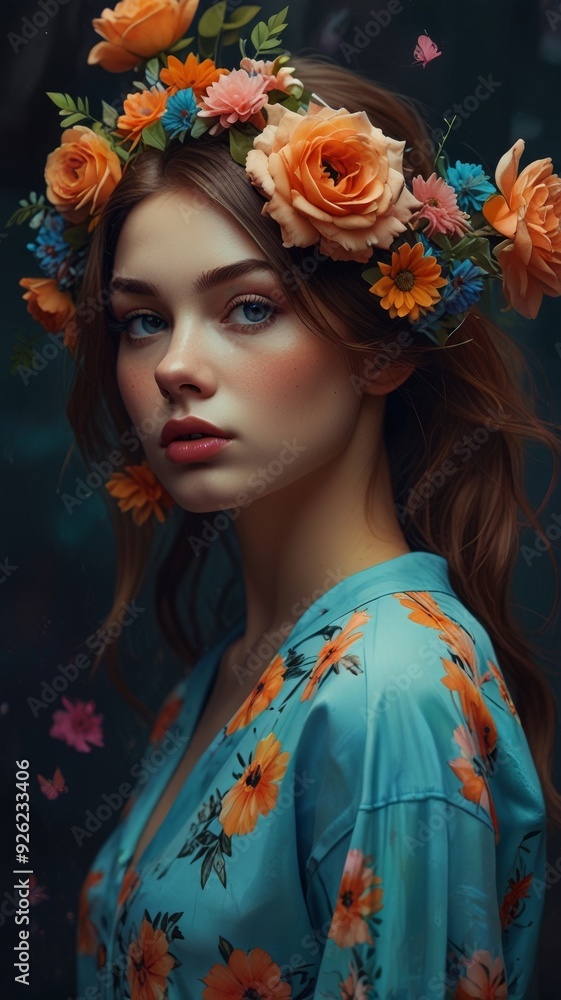 Girl banner. Bright digital illustrated postcard, poster.portrait of a woman in costume Girl banner. Bright digital illustrated postcard, poster.portrait of a woman in costume