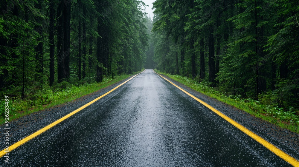Quiet road after rain in pine forest, fresh and rejuvenating Quiet road after rain in pine forest, fresh and rejuvenating