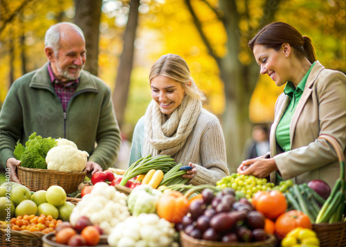 Group of Friends Selecting Fresh Vegetables at Autumn Farmers Market