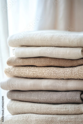A neatly folded stack of neutral-colored natural fabrics, showcasing various textures and weaves in a soft, serene setting.
