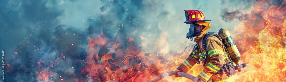 Courageous Adult Firefighter Battling Blaze in Watercolor Style with Dramatic Flames and Smoke Courageous Adult Firefighter Battling Blaze in Watercolor Style with Dramatic Flames and Smoke