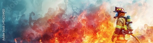 Brave Adult Firefighter Fighting Blaze with Determination in Watercolor Style, Dramatic Flames and Smoke