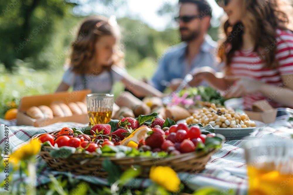 A family is enjoying a picnic in the park, with a basket full of fresh fruits A family is enjoying a picnic in the park, with a basket full of fresh fruits