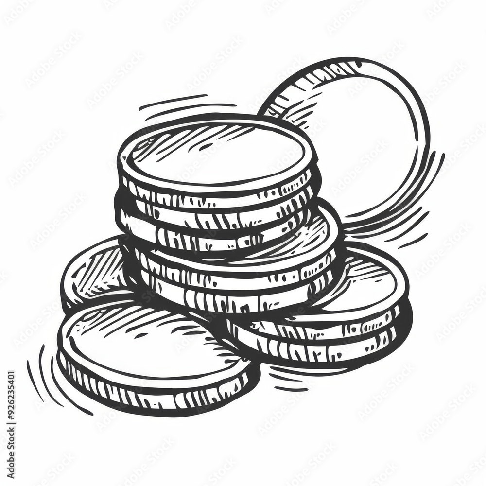 Black Line Drawing of a Stack of Coins, Generative AI Illustration Black Line Drawing of a Stack of Coins, Generative AI Illustration
