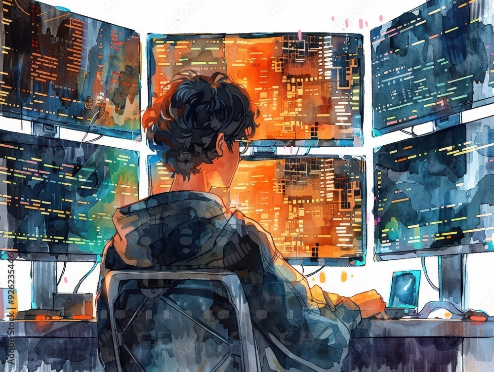 Digital Intricacies - Intense Gen Z Coder Hacking in Watercolor Style ...