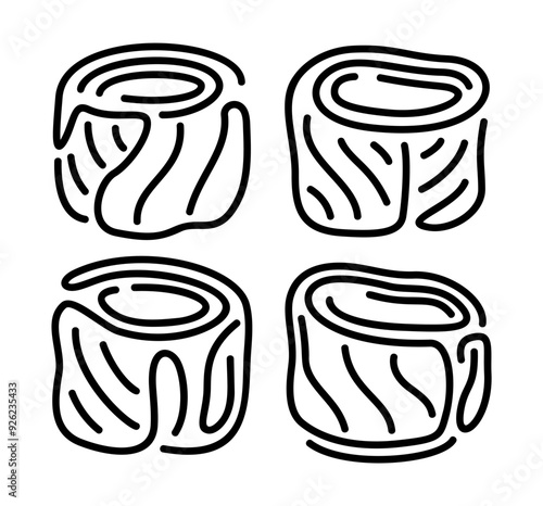 Beautiful monochrome linear vector illustration with decorative eastern rolls set isolated on the white background