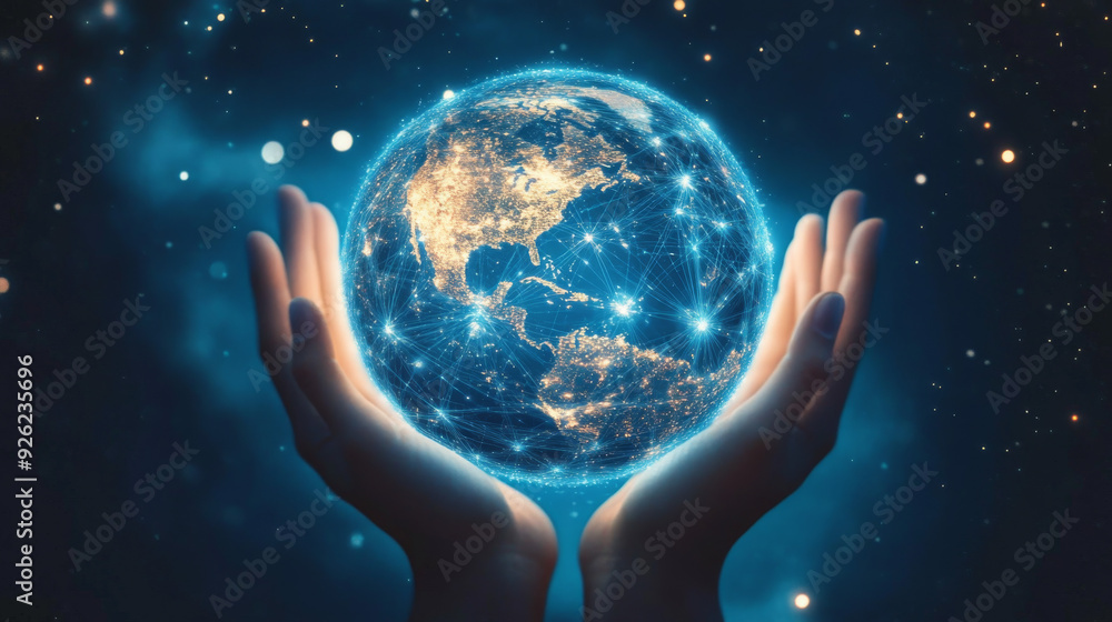 Abstract science concept featuring a global network connection represented by a circle, with hands holding it against a night sky background, in a soft focus and blue tone. Abstract science concept featuring a global network connection represented by a circle, with hands holding it against a night sky background, in a soft focus and blue tone.