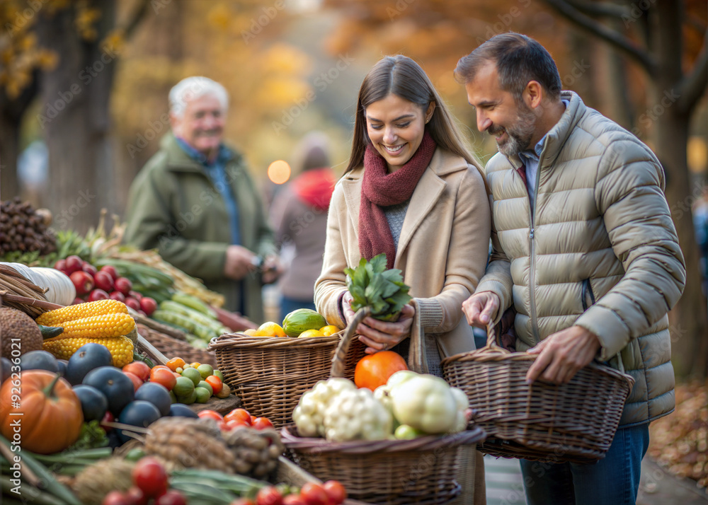 Fototapeta premium Group of Friends Selecting Fresh Vegetables at Autumn Farmers Market