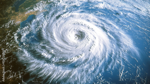 A high-resolution satellite image capturing a massive hurricane swirling over the ocean, showing the eye of the storm and surrounding cloud formations.
