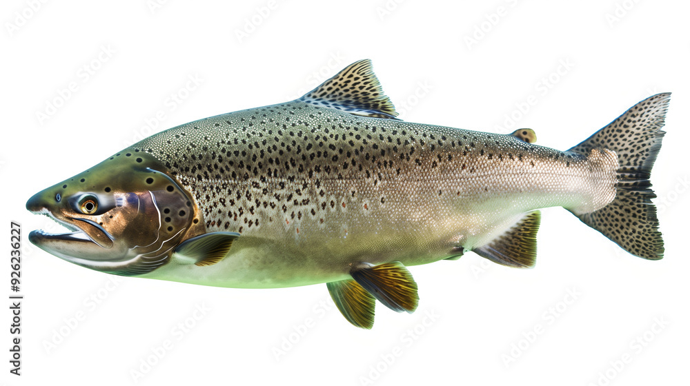 Naklejka premium A salmon swimming underwater, side view