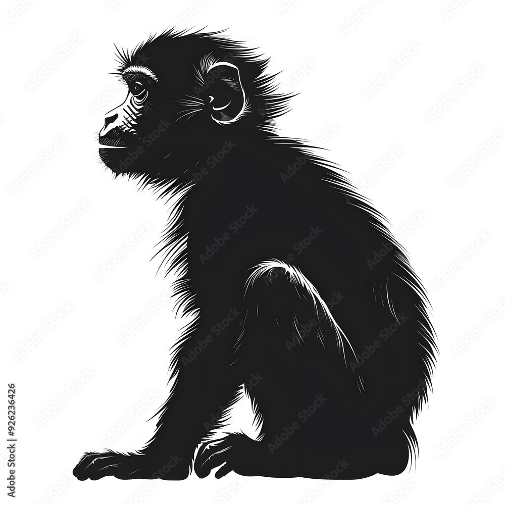 A black and white silhouette of a monkey depicts the outline of the animal without any interior details, focusing on the monkey's distinctive shape and posture. A black and white silhouette of a monkey depicts the outline of the animal without any interior details, focusing on the monkey's distinctive shape and posture.