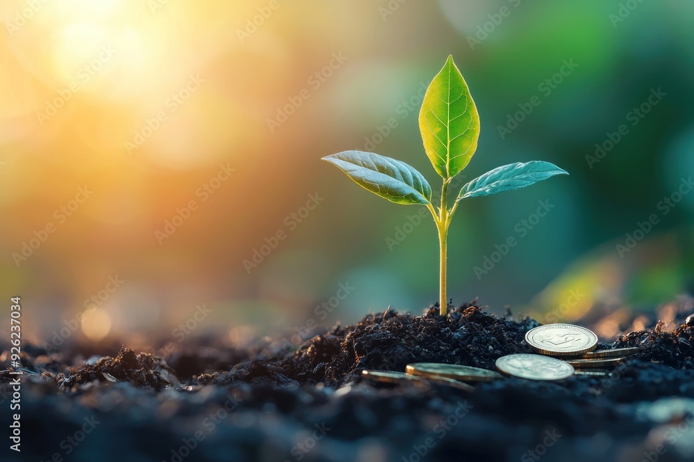 A young plant sprouting from a pile of coins, symbolizing the concept of growing wealth and long-term investment strategies. The soft background fades into a light-filled gradient, providing ample A young plant sprouting from a pile of coins, symbolizing the concept of growing wealth and long-term investment strategies. The soft background fades into a light-filled gradient, providing ample