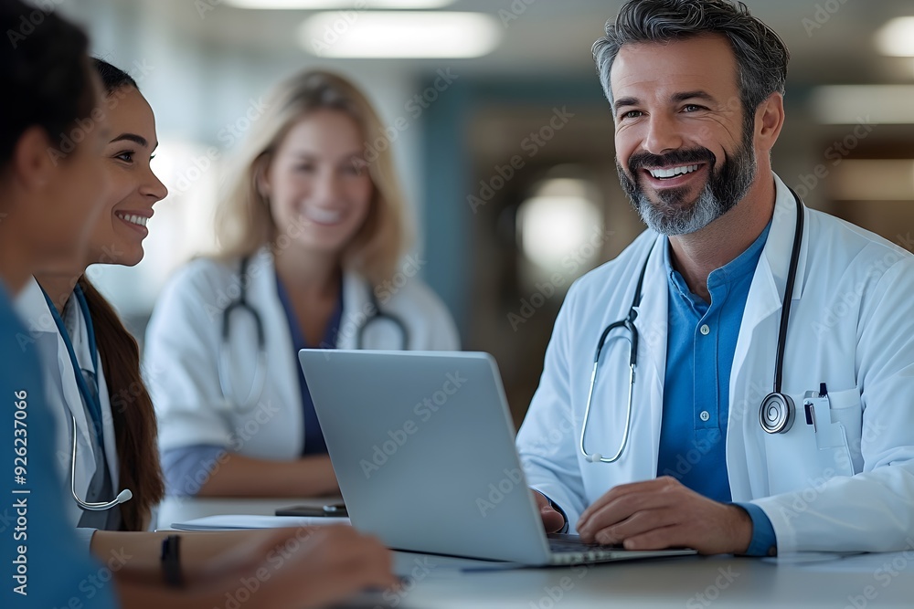 a group of healthcare professionals of different ethnicities, at hospital environment, engaged in a discussion or collaborative task. diverse medical team, healthcare and medicine a group of healthcare professionals of different ethnicities, at hospital environment, engaged in a discussion or collaborative task. diverse medical team, healthcare and medicine