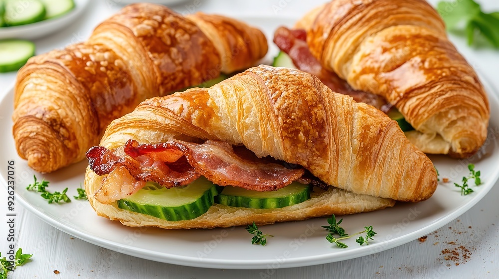 Documentary Style Image of a Croissant Sandwich with Bacon and Cucumbers on a Plate Against a White Background Documentary Style Image of a Croissant Sandwich with Bacon and Cucumbers on a Plate Against a White Background