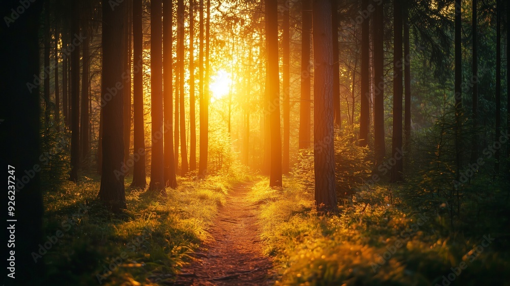 Obraz premium Sunlit forest path symbolizing peace, rejuvenation, and the healing power of nature.