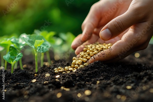 A symbolic image of hands planting golden seeds into rich soil, representing the idea of nurturing investments for future financial growth. The background is soft and blurred, creating a warm,