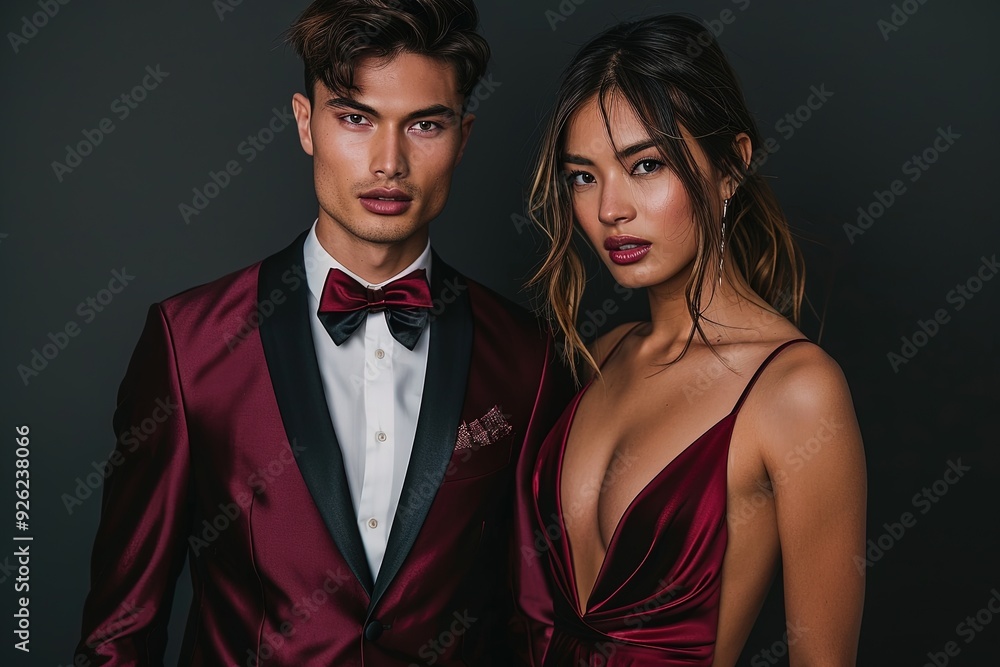 A man and a woman are dressed in red and black suits and ties A man and a woman are dressed in red and black suits and ties