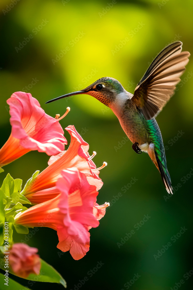 Fototapeta premium Kolibri an bunten Blumen