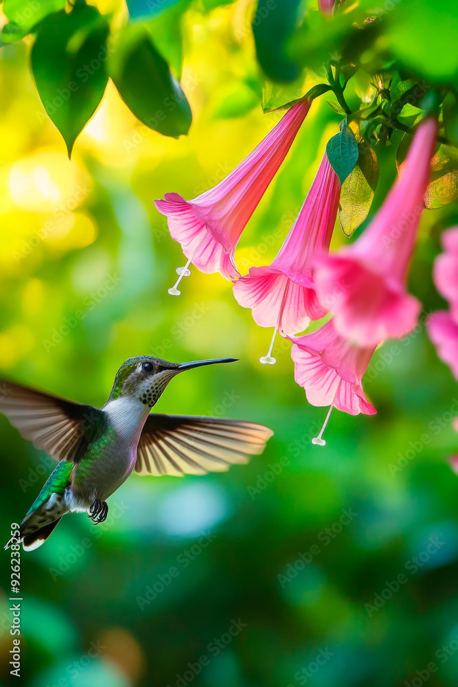 Kolibri schwebt vor rosa Blüten Kolibri schwebt vor rosa Blüten