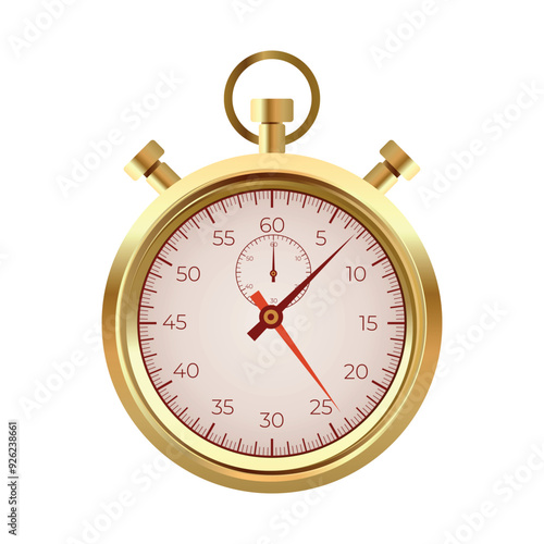 Vector realistic golden classic stopwatch icons. Vintage retro shiny metal chronometer, time counter with dial. Measurement for sport, start and finish. 