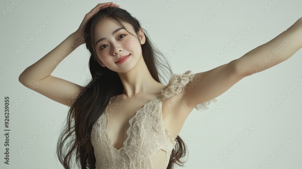Fototapeta premium A young woman expresses joy while posing in an elegant dress with a light background