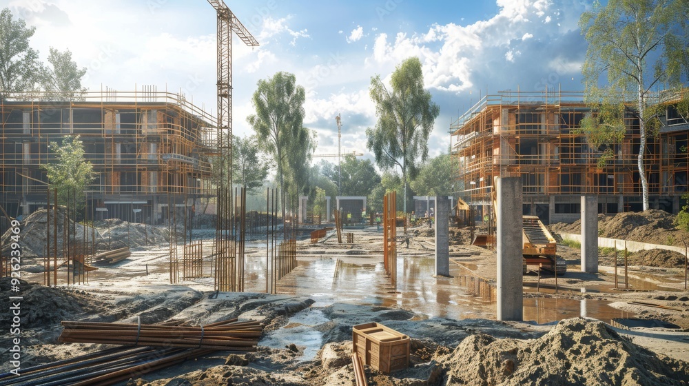 Fototapeta premium Large construction project with concrete pillars, rebar, and temporary supports Realistic Octane