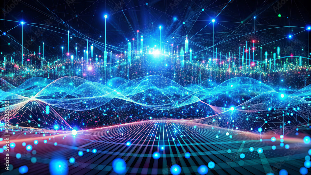 A vibrant display of digital waves and light particles creates an abstract representation of data and technology A vibrant display of digital waves and light particles creates an abstract representation of data and technology