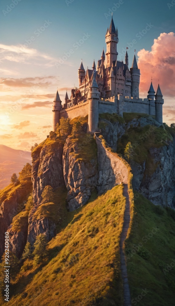 3d illustration castle on hill sunrise. Ai generated image. 3d illustration castle on hill sunrise. Ai generated image.