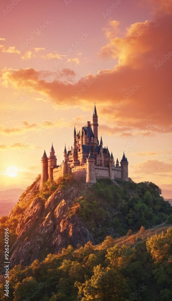 3d illustration castle on hill sunrise. Ai generated image. 3d illustration castle on hill sunrise. Ai generated image.