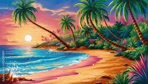 Tropical Sea beach sunset background, landscape with sand beach, sea water edge and palm trees. Colorful vector art illustration, banner, wallpaper