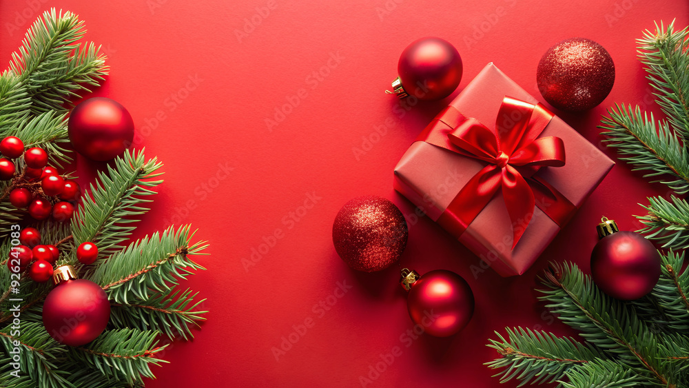 Fototapeta premium A red gift box with a ribbon sits among holiday ornaments and greenery against a vibrant red background, evoking a cheerful festive atmosphere