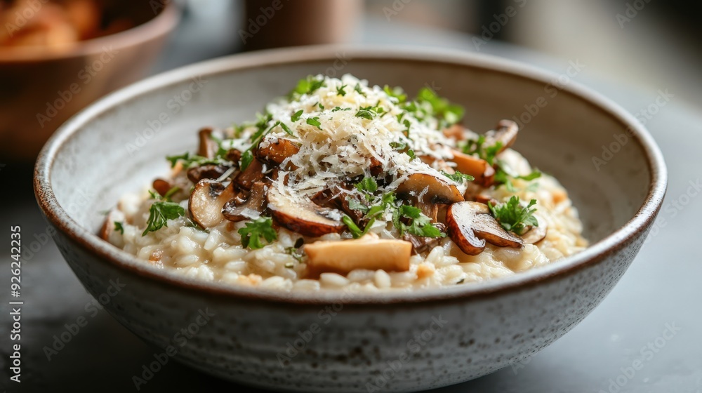 Exquisite Gourmet Risotto with Wild Mushrooms, Parmesan, and Fresh Herbs in Minimalist Bowl Exquisite Gourmet Risotto with Wild Mushrooms, Parmesan, and Fresh Herbs in Minimalist Bowl