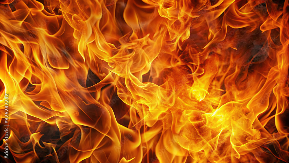 Flames blaze and swirl, creating a vivid display of orange and yellow hues against a dark backdrop Flames blaze and swirl, creating a vivid display of orange and yellow hues against a dark backdrop