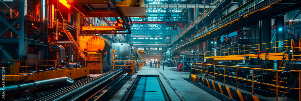 Fototapeta premium industrial interior with heavy machinery, conveyors and workers working on a production line. Generative AI