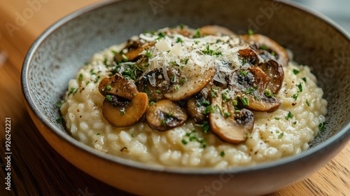 Artisanal Wild Mushroom Risotto with Parmesan and Herbs in Minimalist Bowl