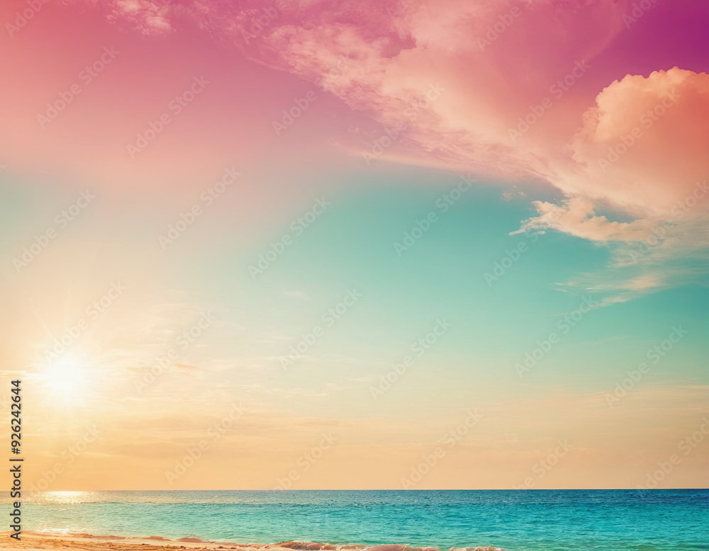 Fototapeta premium The sun sets gently over a calm ocean, casting warm pastel hues across the horizon as clouds float peacefully above the water