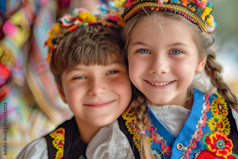 A happy boy and girl wearing traditional clothes. Cute children with a folk headdresses. A happy boy and girl wearing traditional clothes. Cute children with a folk headdresses.