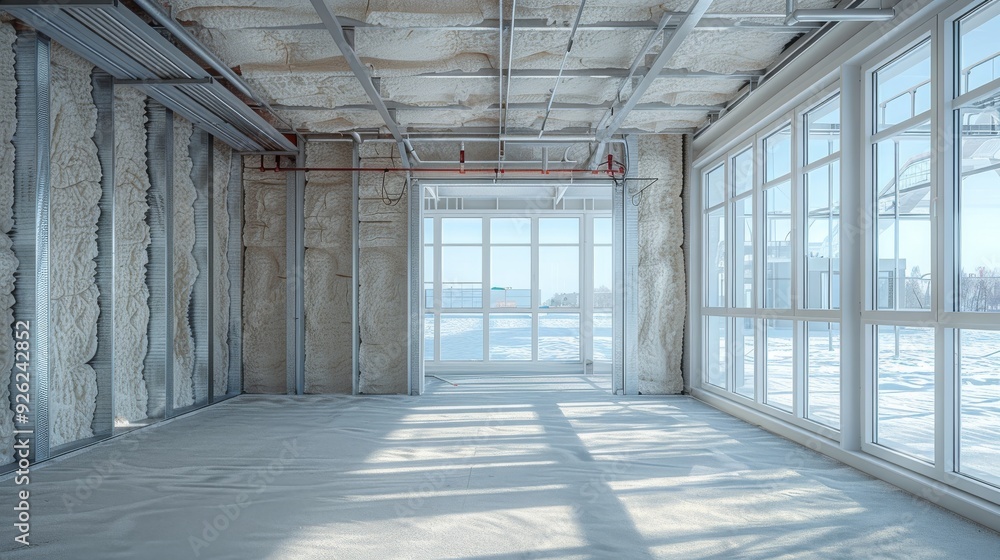 Interior of an unfinished office building with exposed insulation, metal studs, and wiring Realistic Octane Interior of an unfinished office building with exposed insulation, metal studs, and wiring Realistic Octane