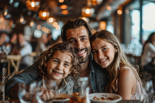 Father enjoying a meal with his two children in a warmly lit restaurant, all smiling happily and sharing a joyful moment together.