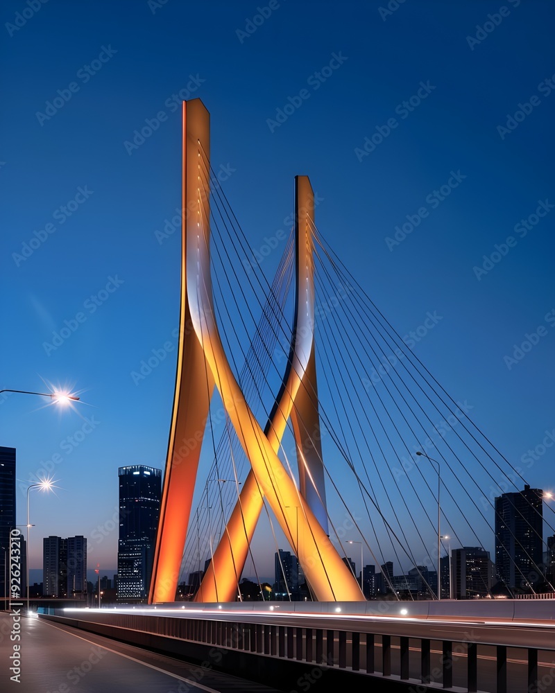 Obraz premium A stunning depiction of the Octávio Frias de Oliveira Bridge illuminated against the night cityscape, with its X-shaped towers and cables glowing in vibrant colors for a dazzling effect.