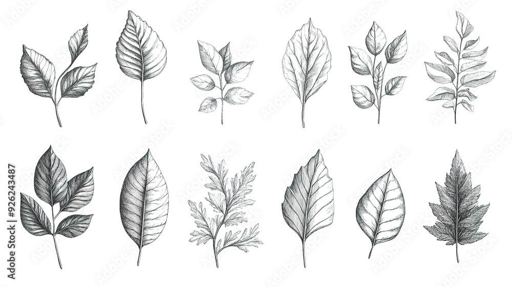 Obraz premium Set of Various Hand-Drawn Leaves on a White Background