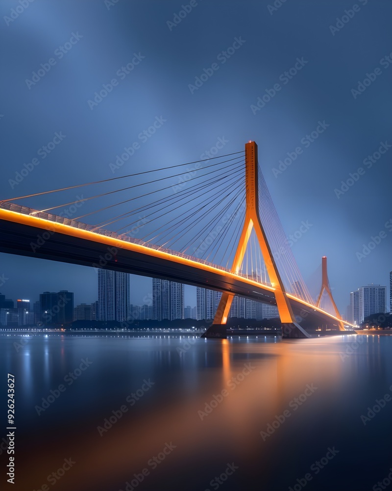 Fototapeta premium A stunning depiction of the Octávio Frias de Oliveira Bridge illuminated against the night cityscape, with its X-shaped towers and cables glowing in vibrant colors for a dazzling effect.